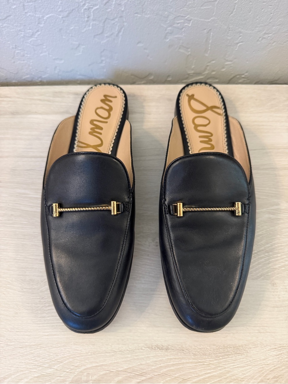 Sam Edelman Laurna Mules Loafers Flats Black Leather Gold Horsebit Slip-on 9